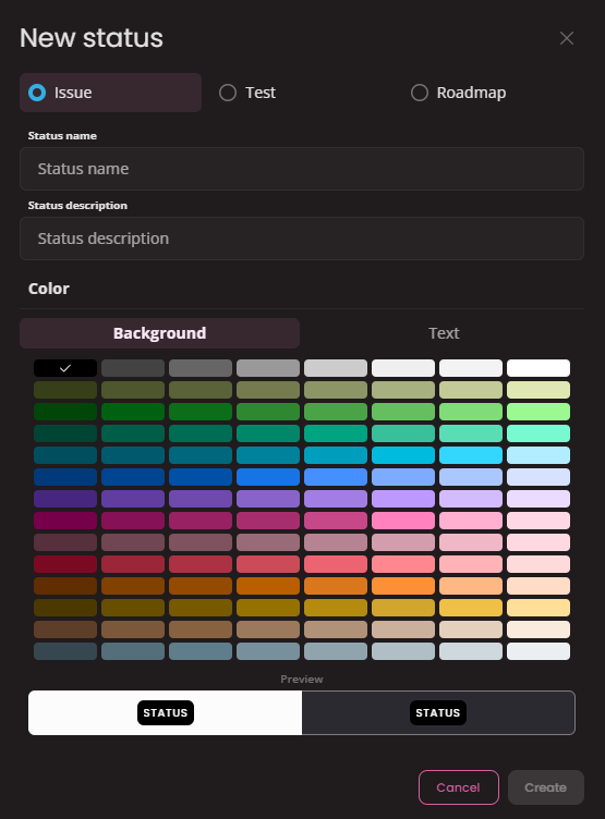 Create new status modal